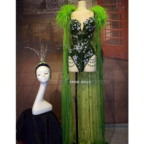 Green feather shawl Bodysuit Star crystal Stage Costume Headwear sets Female Singer Party Show DS DJ GOGO Costume