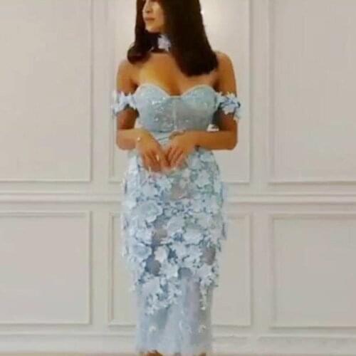 Robe de soiree abiye Dubai Evening Dresses Appliques Mid Calf Lace Dress Party Evening Gowns With Choker Sweetheart abendkleider