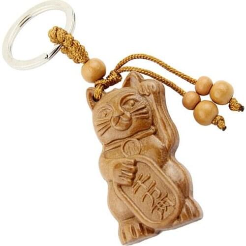 1pc Peach Wood Carving Lucky Fortune Cat Pendant Keychain Key Ring Bag Decor