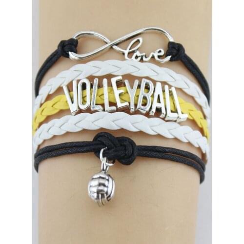 10PC Silver Plated Infinity Love Volleyball Sports Charms Bracelet Handmade Braid Leather Charm Bracelets for Women Men Jewelry