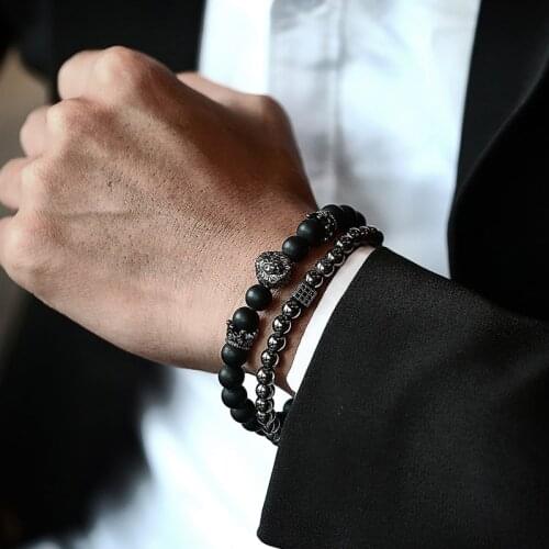 2pcs/set Vintage Lion Crown Bracelet For Men Classic Pave CZ Matte Lava Stone Beads Men Bracelet Jewelry Gift
