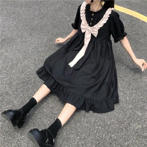2021 Japanese Summer Women Black Lolita Dress Ruffled Collar Stars Buttons Bow Cute Dress Patchwork Ruffles Petal Sleeve Dresses