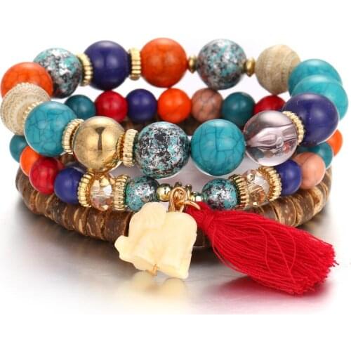 3 Pieces/set 2021 Fashion Bohemian Beaded Elephant Bracelet Vintage Multilayer Cuff Tassel Bracelet for Womens Accessories