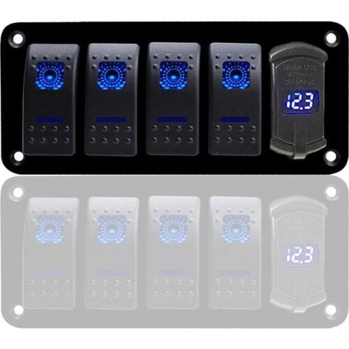 4 Gang Rocker Switch Panel - 5 Pin on Off Toggle Switch Blue LED Backlit Wiring Harness for Boat Car Marine ATV UTV