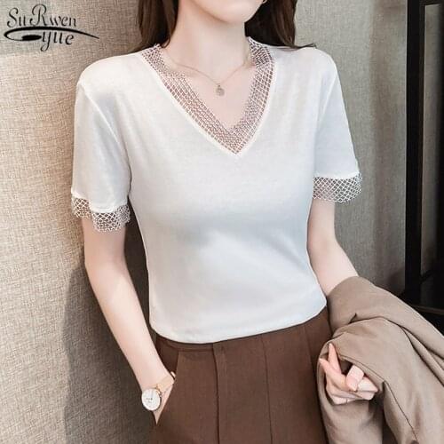 Korean Clothes Women Short Sleeve Shirts Summer New Bottom Shirt V-neck Fashion Cotton Blouse Loose White Shirt Mesh Top 13592