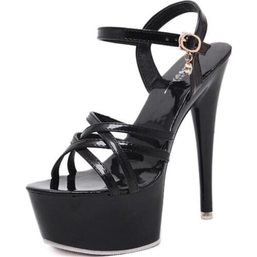 Brand Women Sandals Summer 15CM Thin High Heels PU Buckle Strap Open Toed waterproof platform Dress Wedding Party Women Shoes