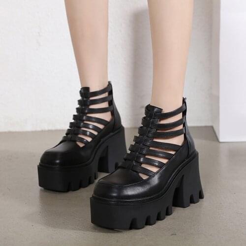 Mary Jane Shoes Platform Block Heel Ankle Boots Summer Hollow Out Punk Shoes Ladies Wedges Platform Pumps Gothic Black Boots