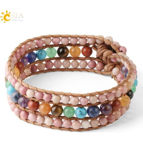 CSJA 7 Chakra Bracelets Natural Stone Leather Wrap Bracelet Tiger Eye Lapis Lazuli Line Rhodonite 4mm Bead Bangle for Women S557