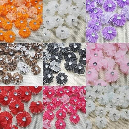 20 pcs Organza Ribbon Flowers With Arcylic Stone Wedding Appliques Crafts A0145