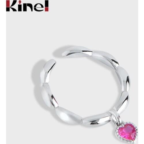 Kinel Silver 925 Jewelry Rings for Women Red CZ Heart Shaped Wedding Engagement Ring Party Gifts