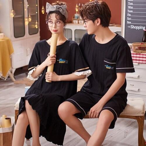 Summer Couple Pajamas Set Fashion Black Letter Print Lover Nightwear Cotton Women Sleepdress Plus Size Casual Couple Sleepwear