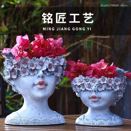 Home furnishings solar lamp lovely girl flower ornament Nordic head ornament resin fleshy plant vase home accessories