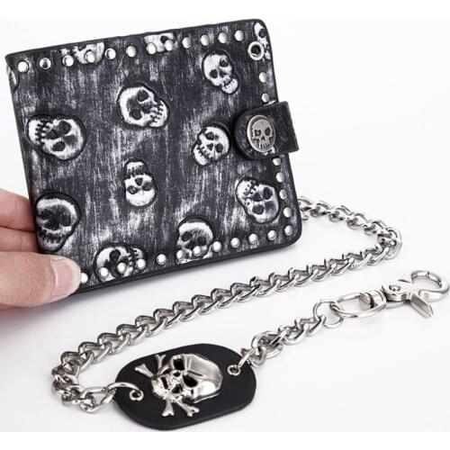 Punk Rock PU Leather Men Long Hasp Wallet Male Gothic Skull Head Rivet Chain Purse Bank Credit Card Case Pocket Money Bag