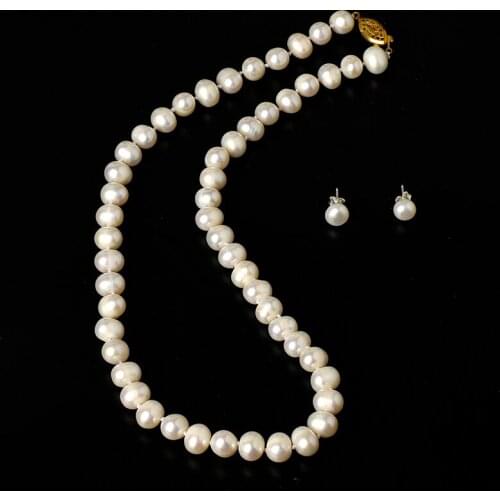 A+ high quality Pearl Chain Pendant Necklace Earring Sets 8-9mm Pearl Beads for Women Ethnic Wedding Jewelry Bridal Gift