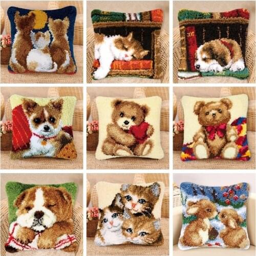 Cat And Bear Latch Hook Kit Smyrna Latch Hook Rug Canvas Foamiran Crocheting Pillowcase Cushion Knitted Tapijt Embroidery Carpet