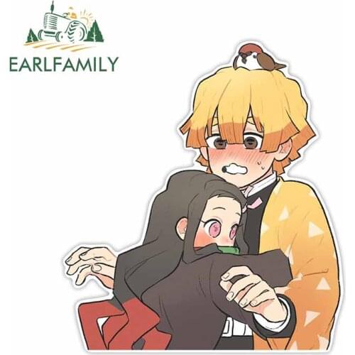 EARLFAMILY 13cm x 12cm Anime Car Sticker for Demon Slayer Art Zenitsu and Nezuko Decal Funny Auto DIY Waterproof Car Assessoires