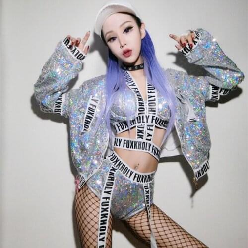 New DS Show Black Sequin Women Long Sleeves Bodysuit Bar Dj Nightclub Sexy Dancers Letoards One-piece Stage Costumes For Singers