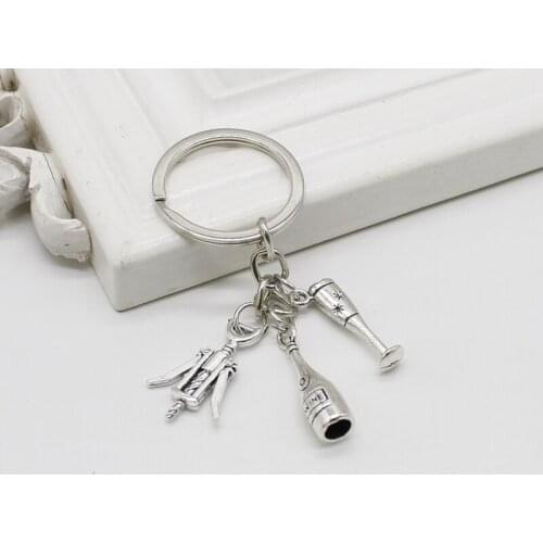 New personality creative wine bottle and wine glass, bottle opener keychain charm wine lovers' friendship jewelry keychain