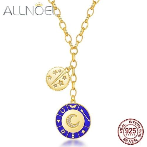 ALLNOEL Delicate Women Silver CZ Star Moon Round shape Pendant Necklace Gold Plated Blue Enamel Disc Circle Coin Necklace 500mm