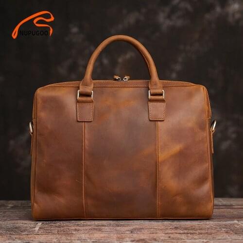 Men Briefcase Genuine Leather Vintage Handbag Casual Messenger Office Bag Crazy Horse Leather For 15.6 Inch Laptop NUPUGOO