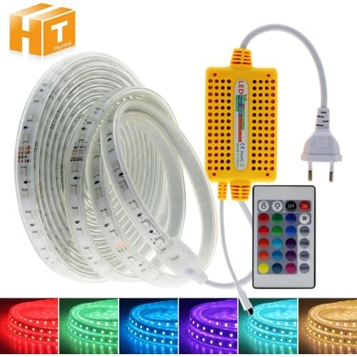 220V RGB LED Strip with IR Remote Controller IP67 Waterproof Outdoor Use Flexible LED Light Strip RGB 1m - 15m Set