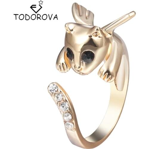 Todorova Angel Wing Cat Ring Crystals Rhinestone Adjustable Free Size Finger Ring Kitten Women Men Gift