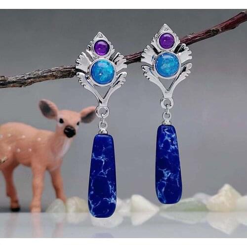 Vintage Purple Natural Stone Drop Earrings for Women Boho Ethnic Handmade Blue AAA Zircon Dangle Earrings Wedding Jewelry