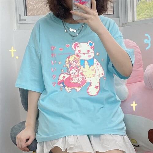 Japanese Streetwear Y2K Cute Cartoon Rabbit College JK Pullover Top Harajuku Kawaii Sweet Girls Fun Vintage Casual Loose T-Shirt