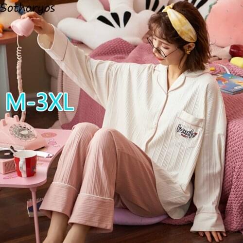Women Pajama Sets Oversized 3XL Student Korean Style Sweet Casual Sleepwear Letter Printed Kawaii Lounge Wear Lovely Cotton Fall