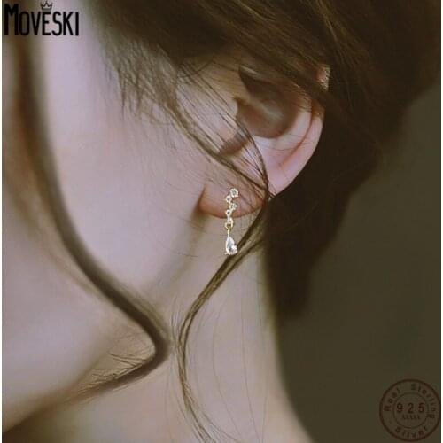 MOVESKI 925 Sterling Silver Simple Personality Small Fresh Water Drop Zircon Earrings Women 14K Gold Plated Jewelry
