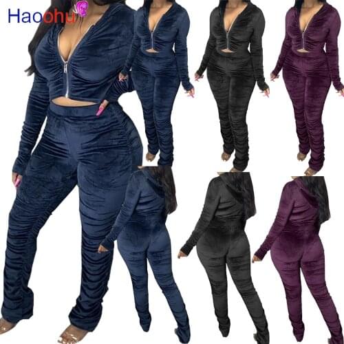 HAOOHU Winter Velvet Stacked Womens Set Zipper Hoodies jacket+Ruched Pants Set Sport Tracksuit Two Piece Outfit Sweatsuit