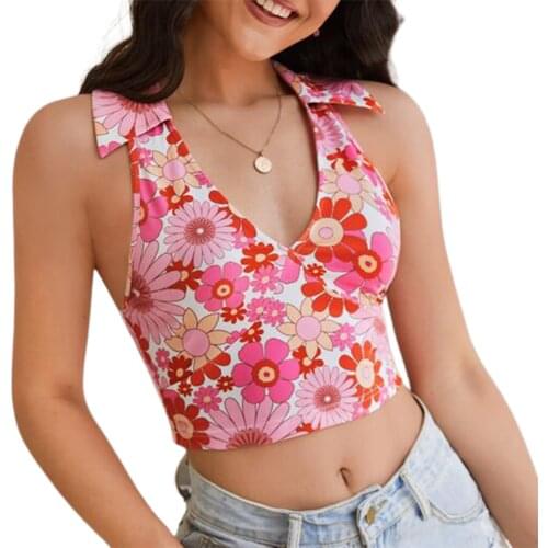 Womens Lapel Crop Tank Tops Sleeveless Halter Neck Floral Print Slim Fit Camisole Backless Club Streetwear