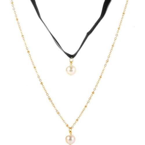 Vintage Imitation Pearls Pendant Velvet Choker Necklace Double Layered Chain Necklace for Women Gothic Neck Party Jewelry Gift