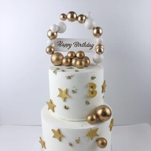 1PC Happy Birthday Printed With Gold Ball Cake Insert For DIY Wedding Party Dessert Decor Supplies
