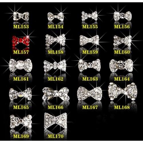 10Pcs/Lot Bow Nail Art Alloy Silver Bow Knot Clear Crystal Rhinestones For Nails Decor Decorations Accessories 18 Designs