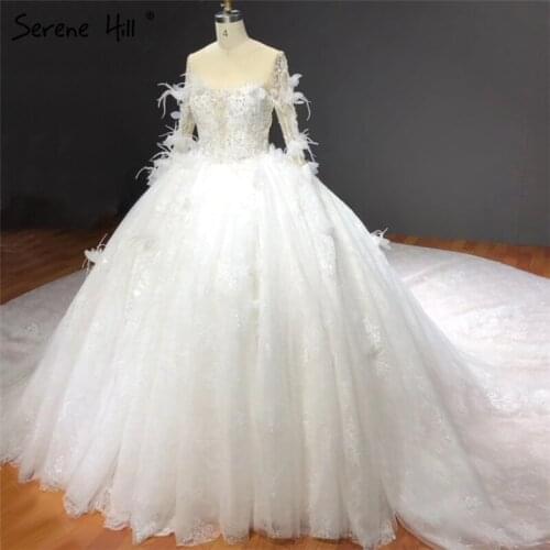 White High-end Flowers Feathers O-Neck Wedding Dresses 2021 Long Sleeve Crystal Sexy Bride Gowns HA2278 Custom Made