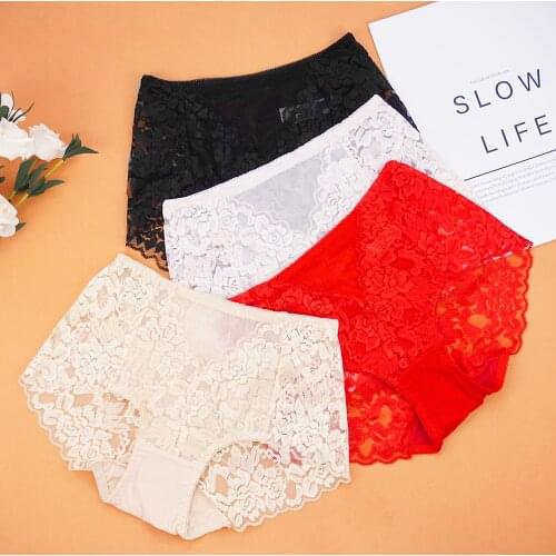 1 Piece Underwear Women Sexy Cotton PantiesSolid Color Mid-Rise Lace Pattern Hollow Comfortable Perspective Lingerie Feminina