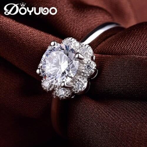 DOYUBO Elegant Flower Shape CZ Silver Rings For Female Fashion New 925 Sterling Silver Rings For Wedding Lady Fine Jewelry VB044