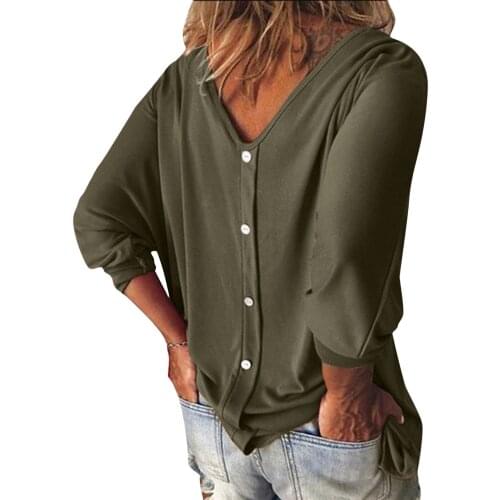 Womens Solid Back Button T-shirt V-neck Batwing Long Sleeve Loose Top Female Tee shirt Women Clothing Camiseta Feminina NEW