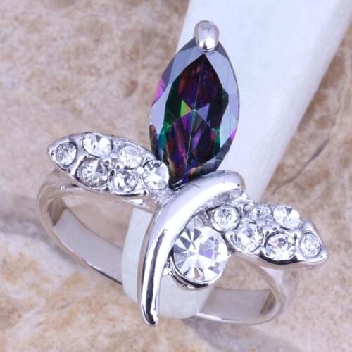 Butterfly Rainbow Cubic Zirconia White CZ Silver Plated Ring Size 5 / 6 / 7 / 8 / 9 E725