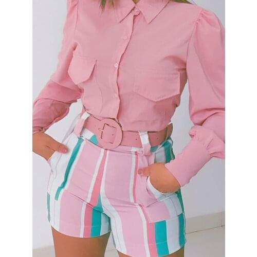 Striped Print Shorts Set Two Piece Sets Women Summer Workwear Casual Flap Detail Button Pockets Long Sleeve Pink Shirt