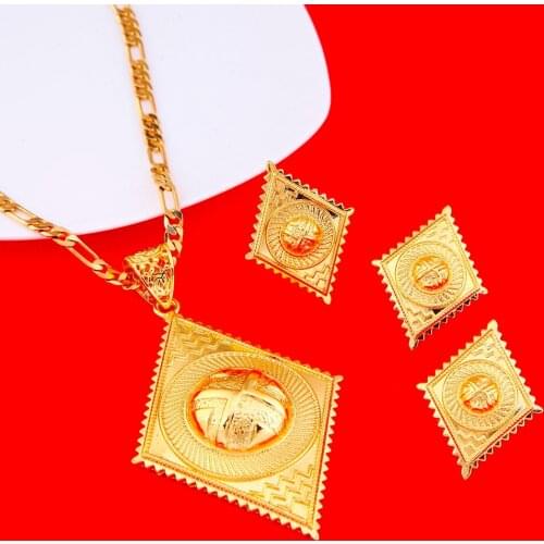 Ethiopian Gold Color Jewelry Set Habesha Eritrean Big Pendant Earrings Ring Women Wedding Gift