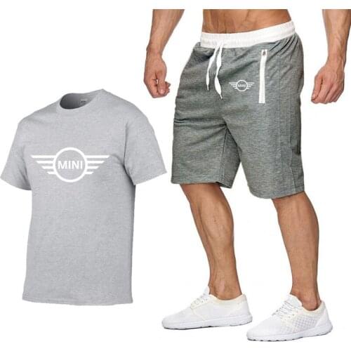 Summer Men T-shirt Mini Car Logo Printing Fashion Casual Cotton Short Sleeve Round Neck Mens T-shirt+shorts 2 Piece Suit
