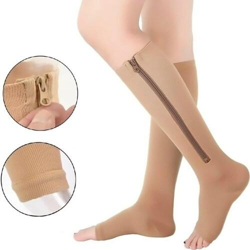 Compression Socks Men Women Support Knee Zipper Socks Female Open Toe Thin Anti-Fatigue Stretchy Sox High Socks Unisex Socks