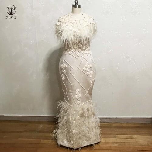 Real Moda O Neck Beaded 3D-Flowers Pearls Short Sleeve Feather Champagne Mermaid Prom Dresses