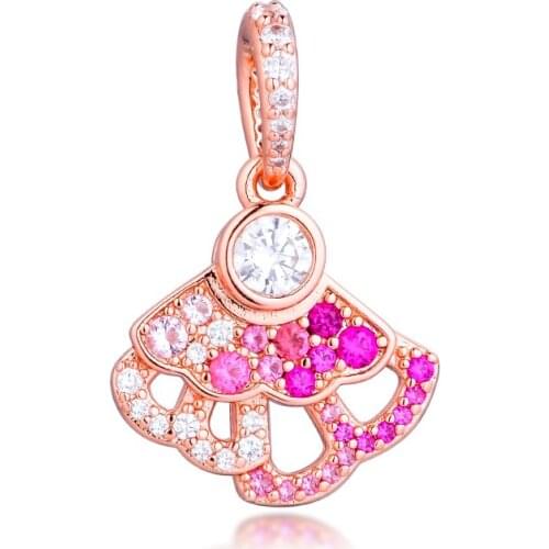 Pink Fan Dangle Charm for Bracelets 2020 new Women 925 Sterling Silver Charm Beads for Jewelry Making Valentine Day