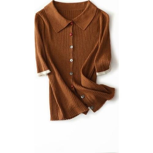 SHUCHAN Polo Collar 100% Cashmere Cardigan Women Single Breasted Short Sleeve Vintage Button Spring/Autumn STANDARD