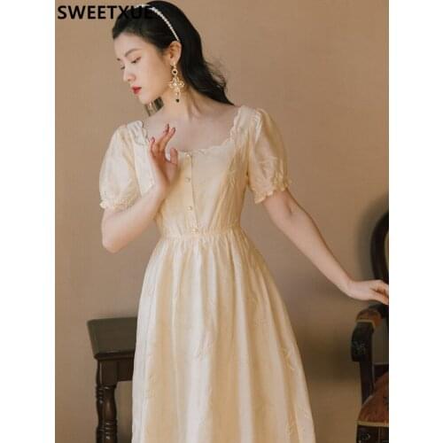 SWEETXUE 2021 Summer New Retro French Girl Square Neck Puff Sleeve Dress Fairy Beach Holiday Romantic Princess Elegant Fashion
