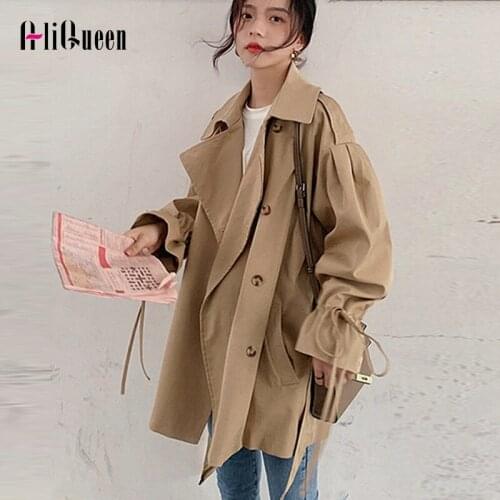 Autumn Korean Women Fashion Notched Collar Sash Trench Coats Ladies Loose Elegant Windbreaker Coats Jackets Outwear Black Tops