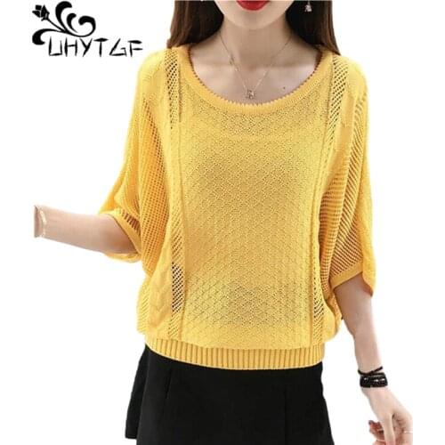 UHYTGF Knitted Pullover Summer Sweaters Womens Ice Silk Hollow Elegant Female Thin Tops Pure Color Wild Loose Short Sweater 1293